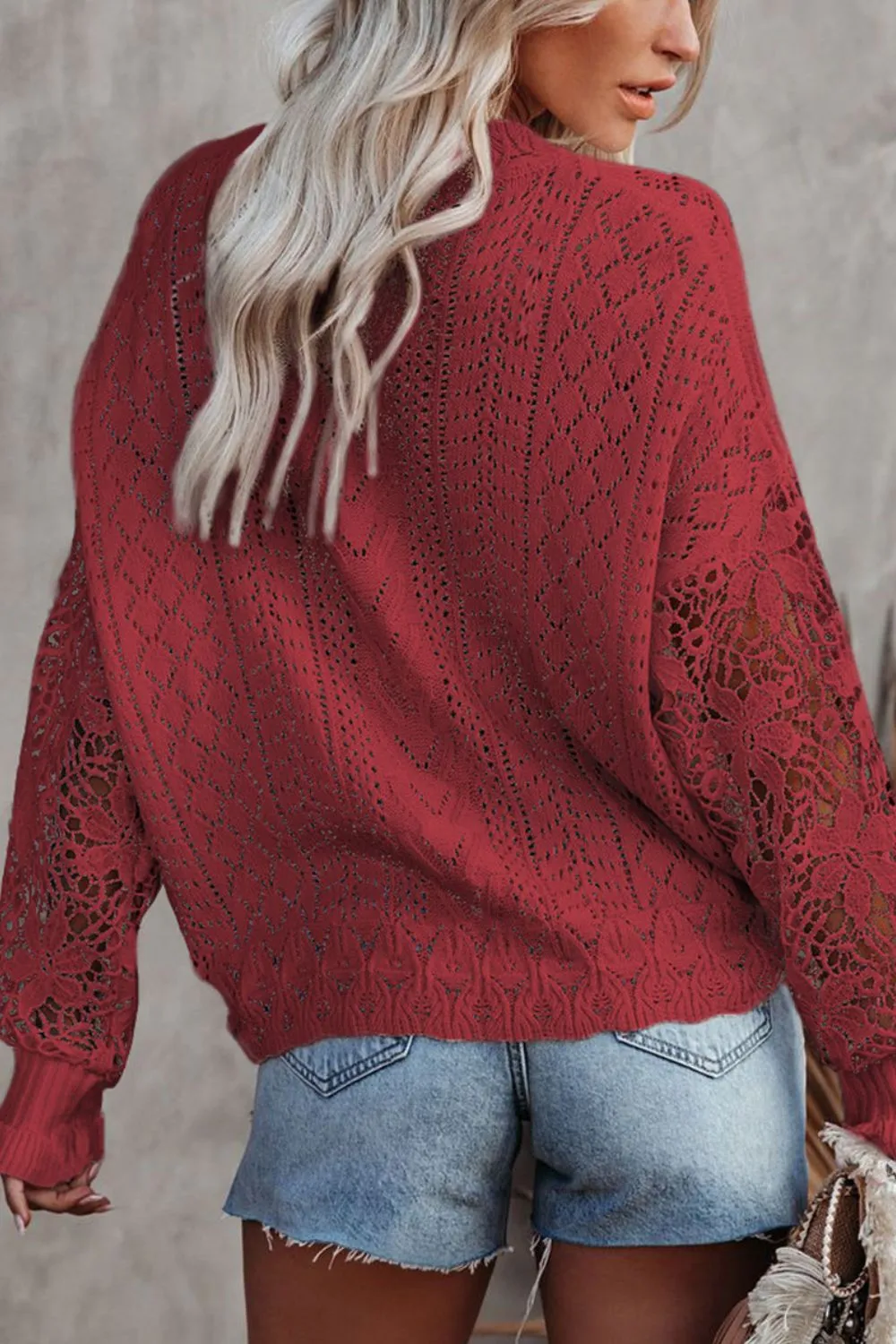 Openwork Round Neck Long Sleeve Sweater, image 24