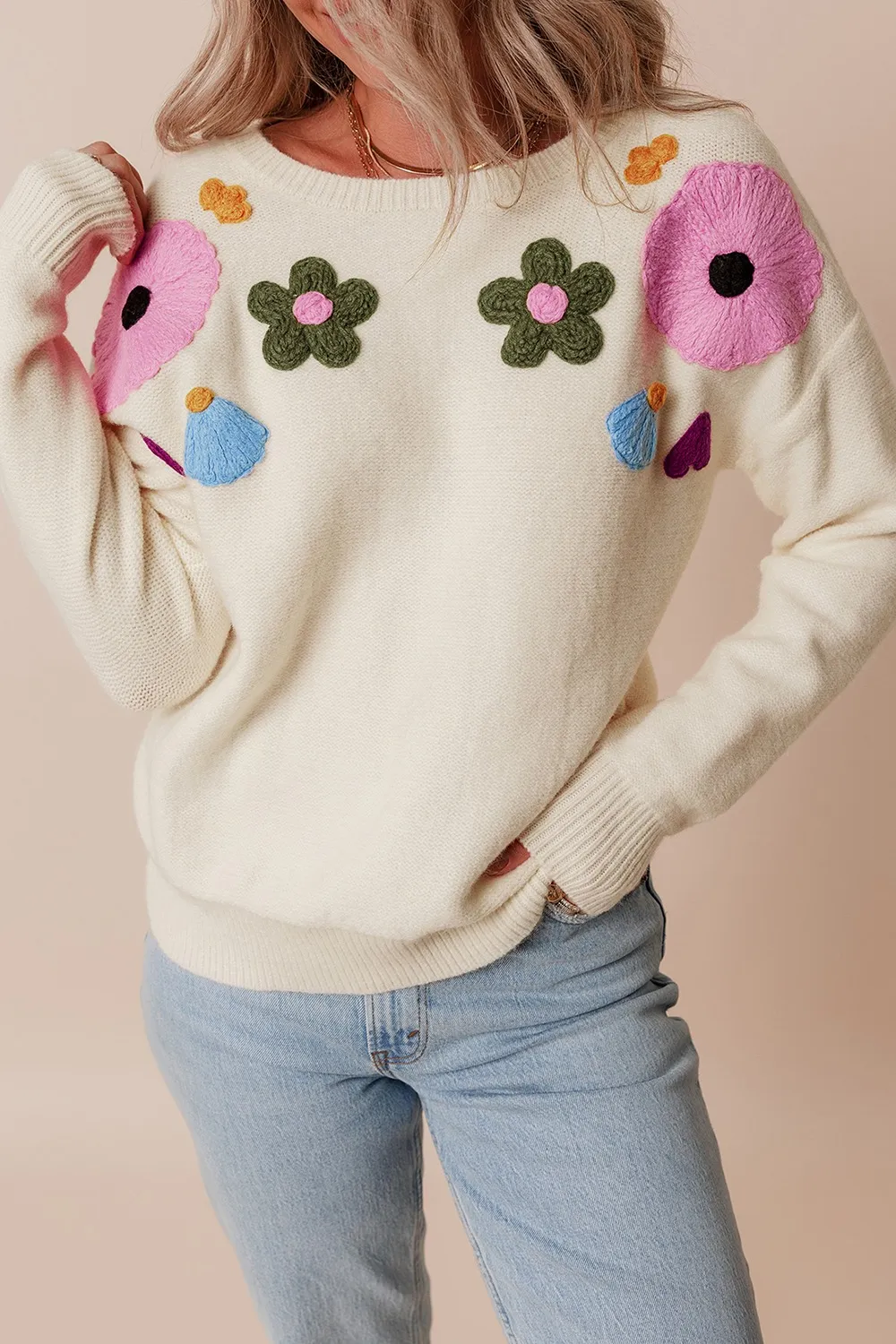 Crochet Flower Round Neck Dropped Shoulder Sweater, image 15