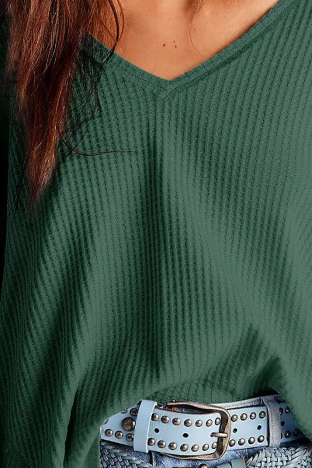 Waffle-Knit V-Neck Long Sleeve Top, image 15