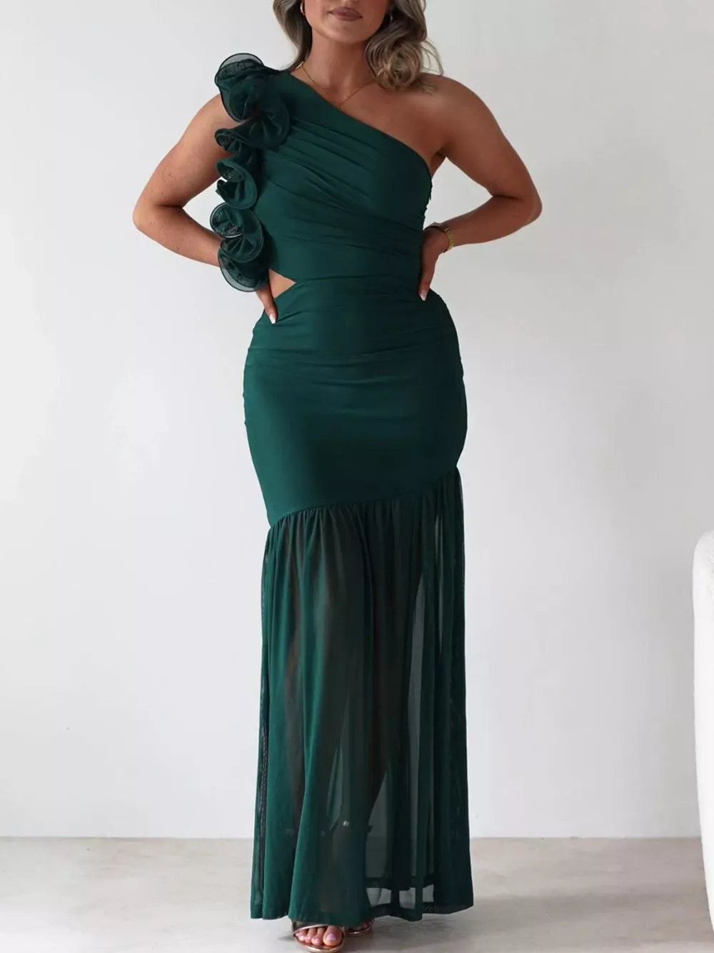 One-Shoulder Ruffle Trim Maxi Dress