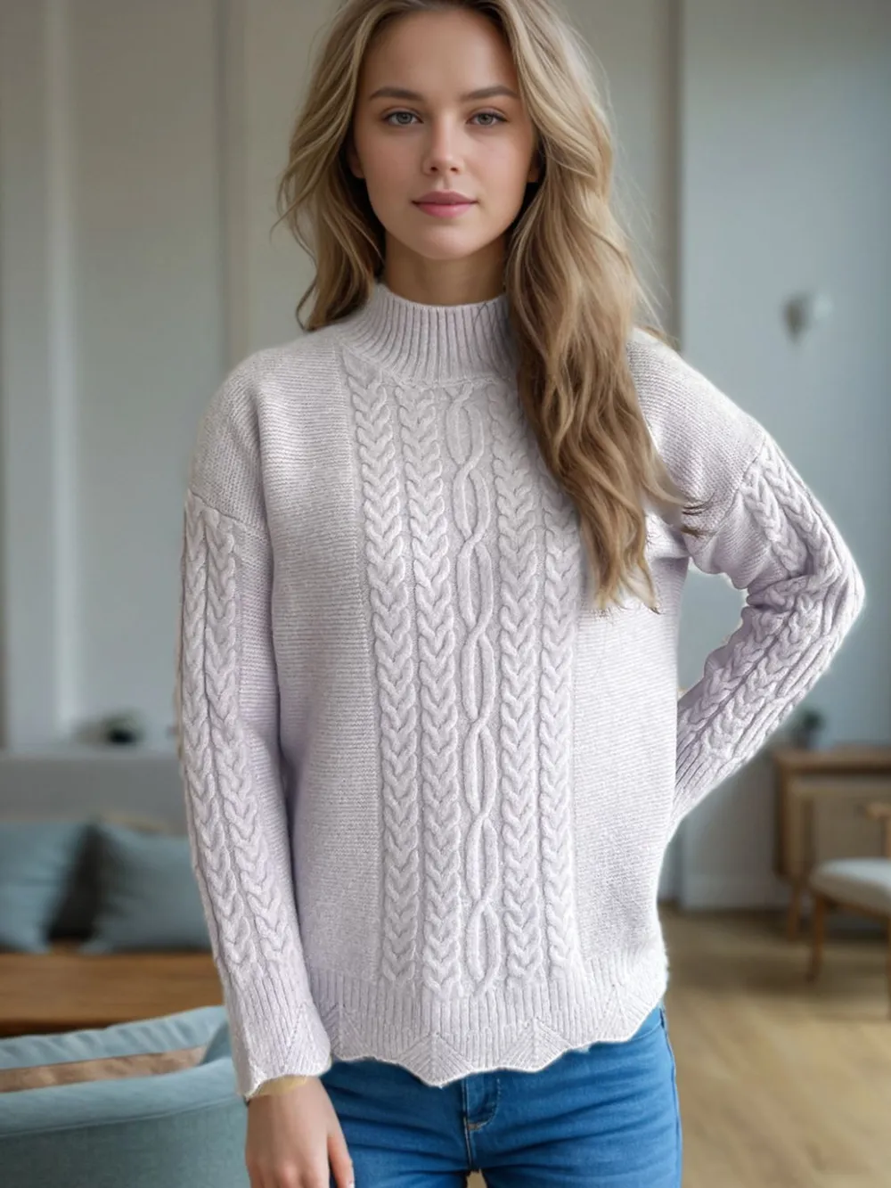 Cable-Knit Mock Neck Dropped Shoulder Sweater, image 7