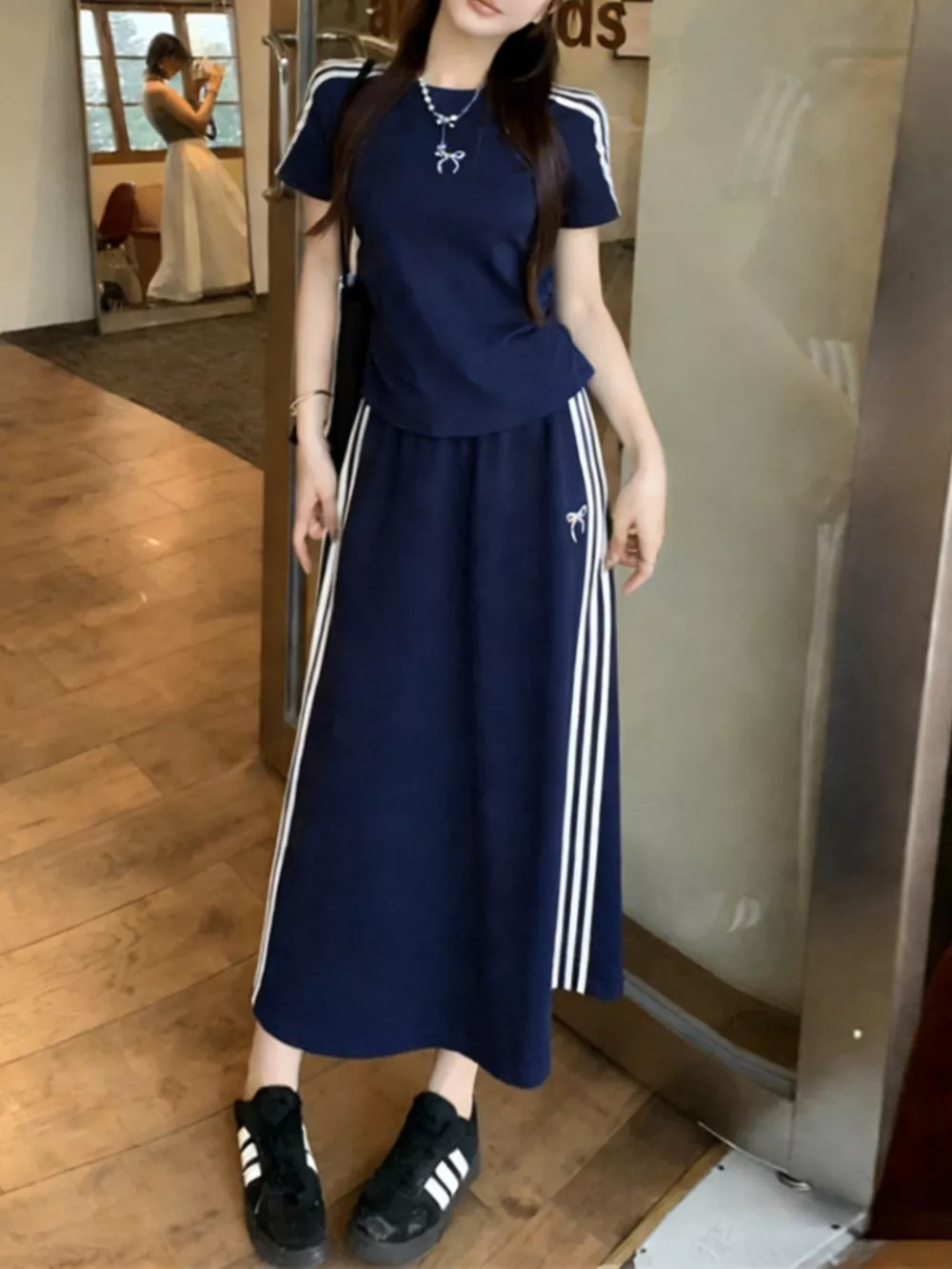 Striped Round Neck Tee and Skirt Set