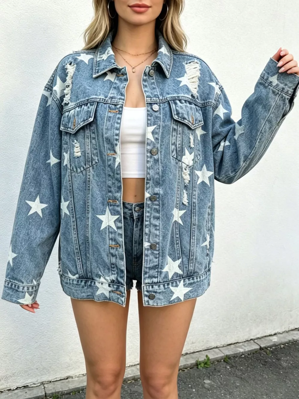 Star Print Distressed Oversized Denim Jacket, image 3