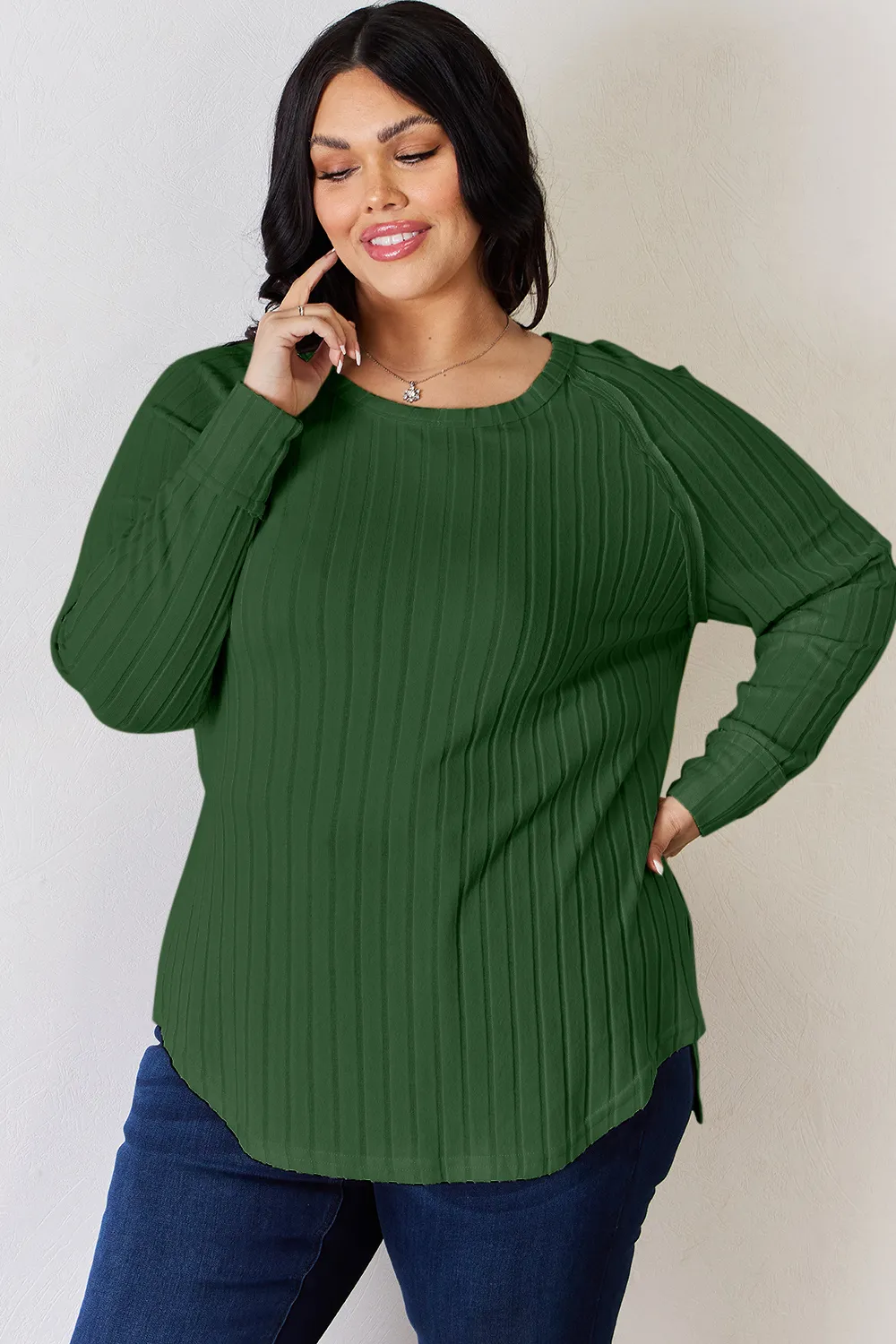 Full Size Ribbed Round Neck Slit T-Shirt, image 33