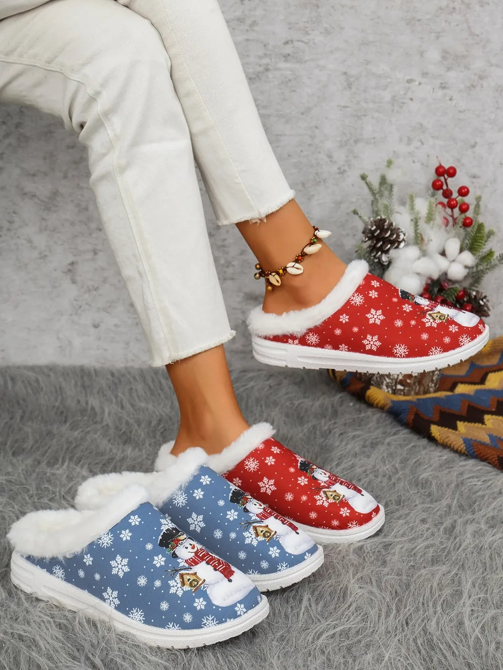Snowman Print Flat Slippers with Faux Fur, image 2