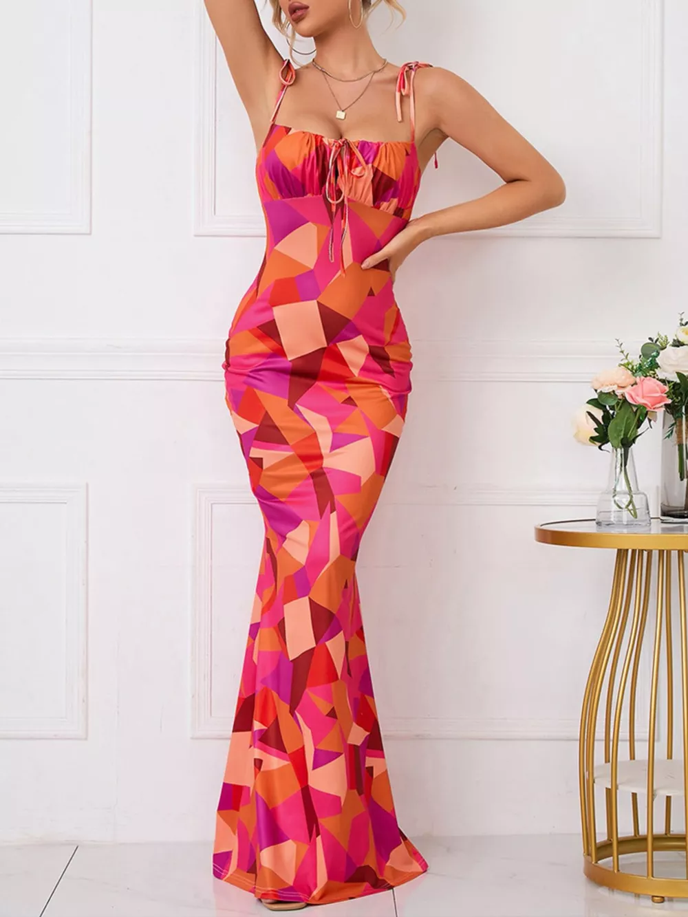 Floral Print Tie Strap Bodycon Maxi Dress, image 17