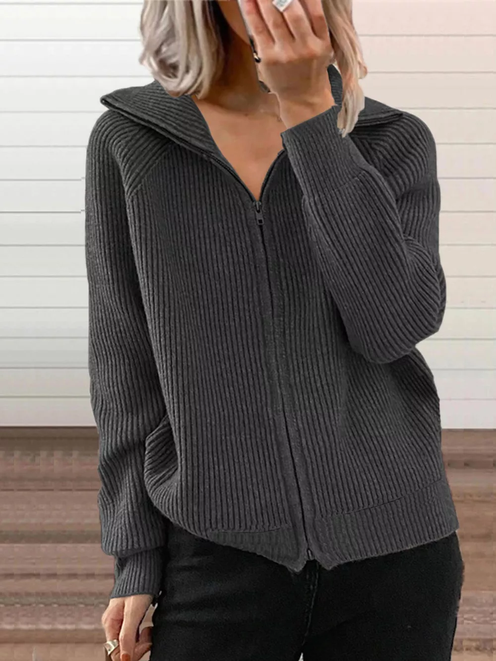 Full Size Ribbed Knit Zip-Up Outerwear Plus Size, image 14