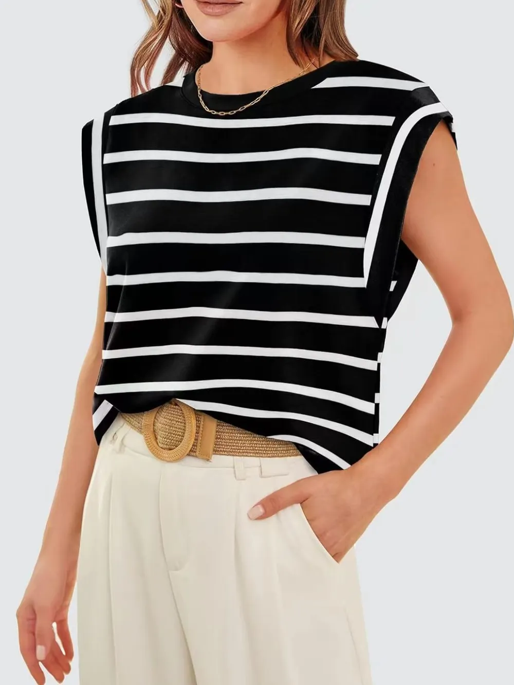 Striped Round Neck Cap Sleeve T-Shirt