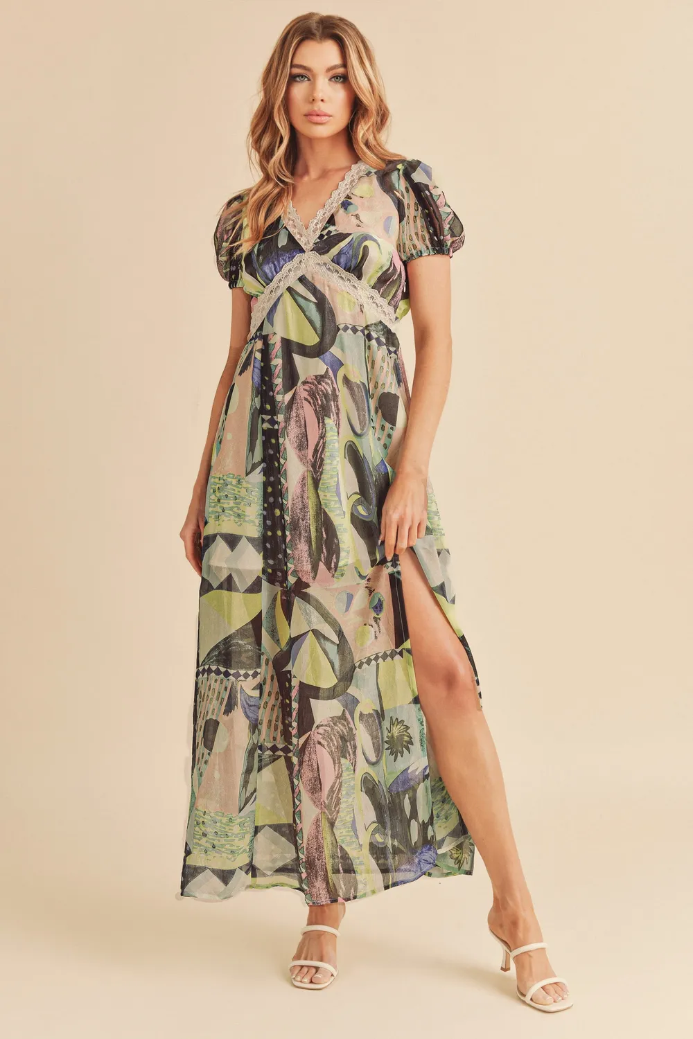 Lace Detail Slit Geometric Print Short Sleeve Maxi Dress, image 8