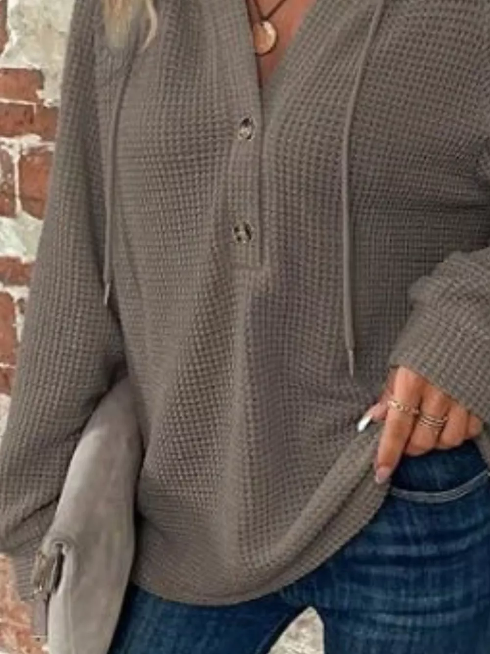 Waffle Knit Button Detail Hoodie, image 16