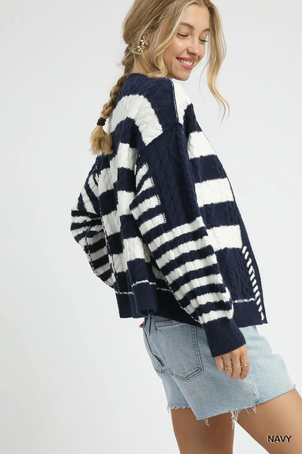 Cable-Knit Stripe Button-Up Cardigan, image 3
