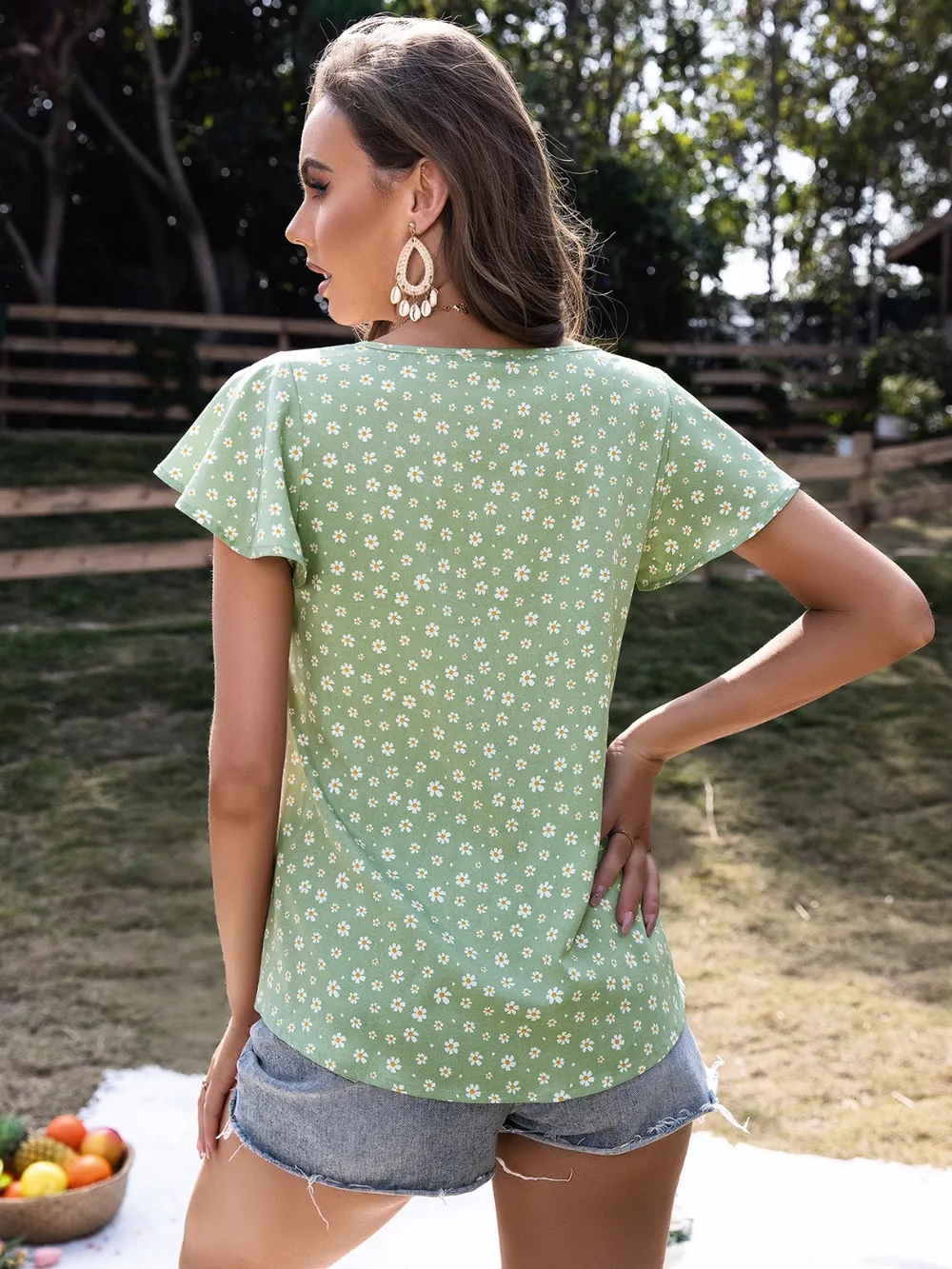 Ruffled Floral Tie Neck Short Sleeve Blouse, image 2
