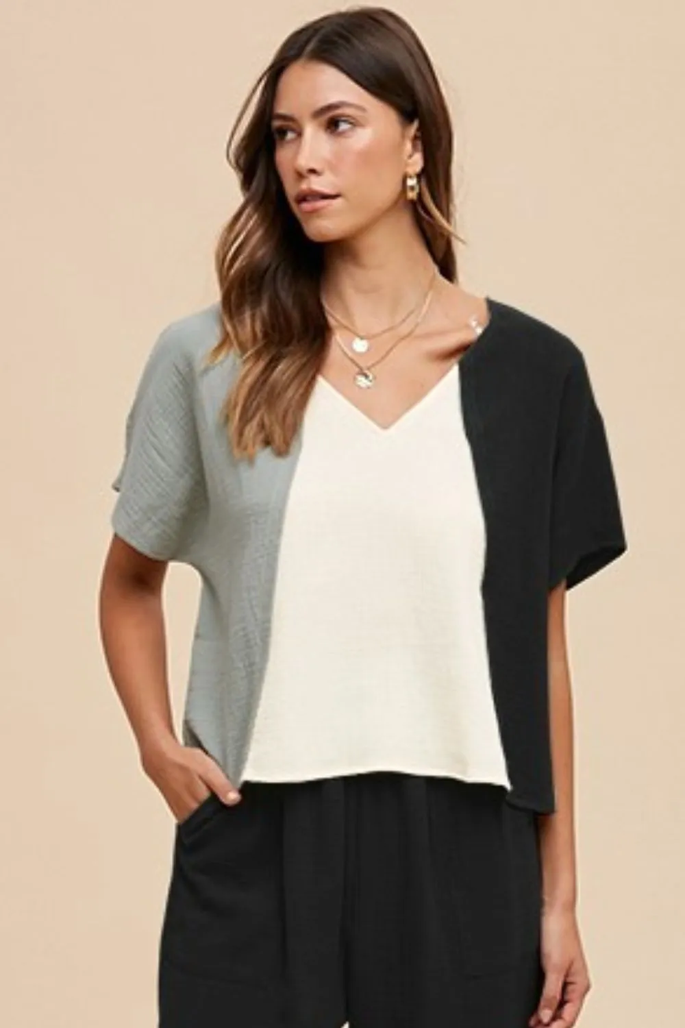 Color Block Cotton Gauze V-Neck Top, image 2