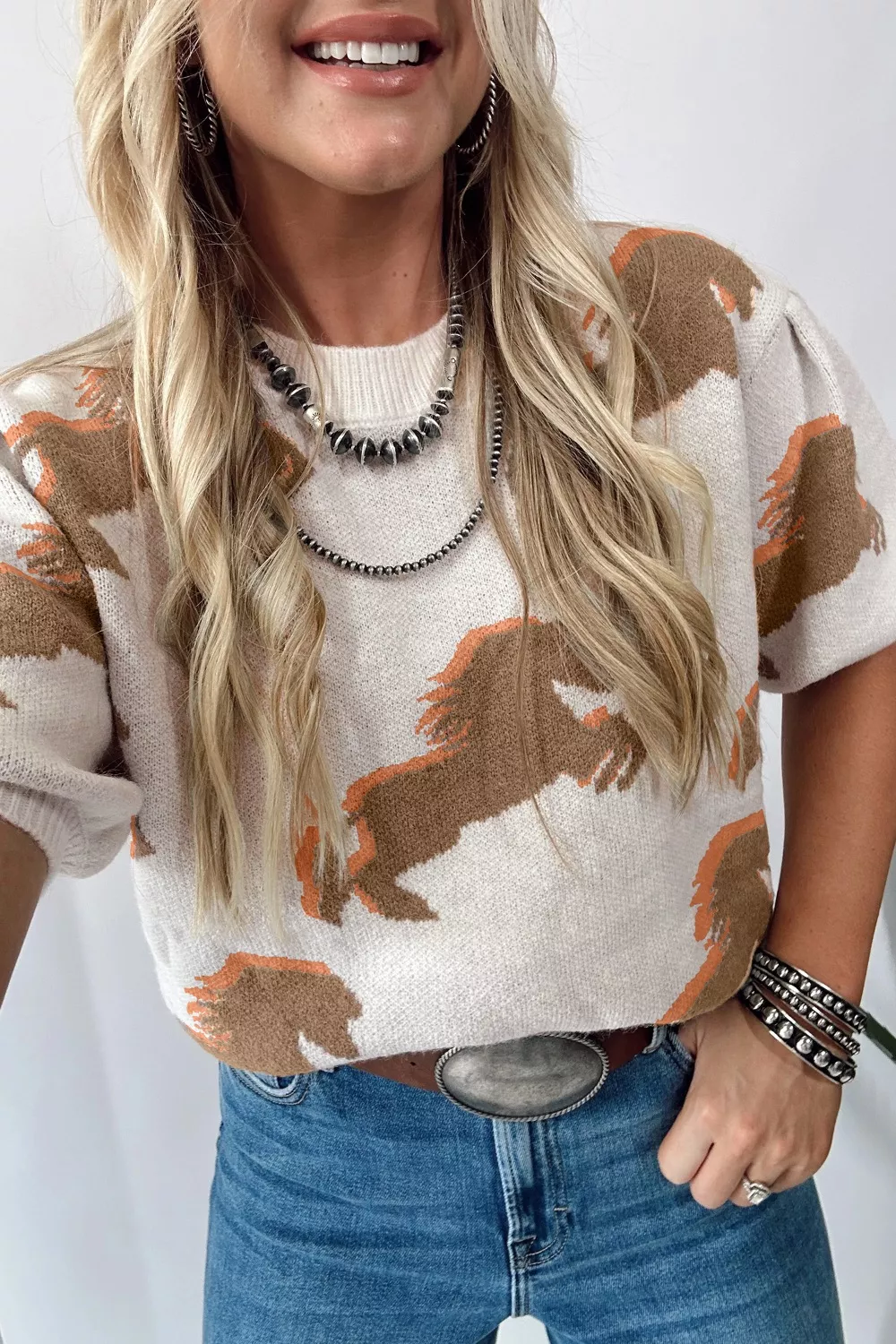 Western Horse Short Puff Sleeve Sweater