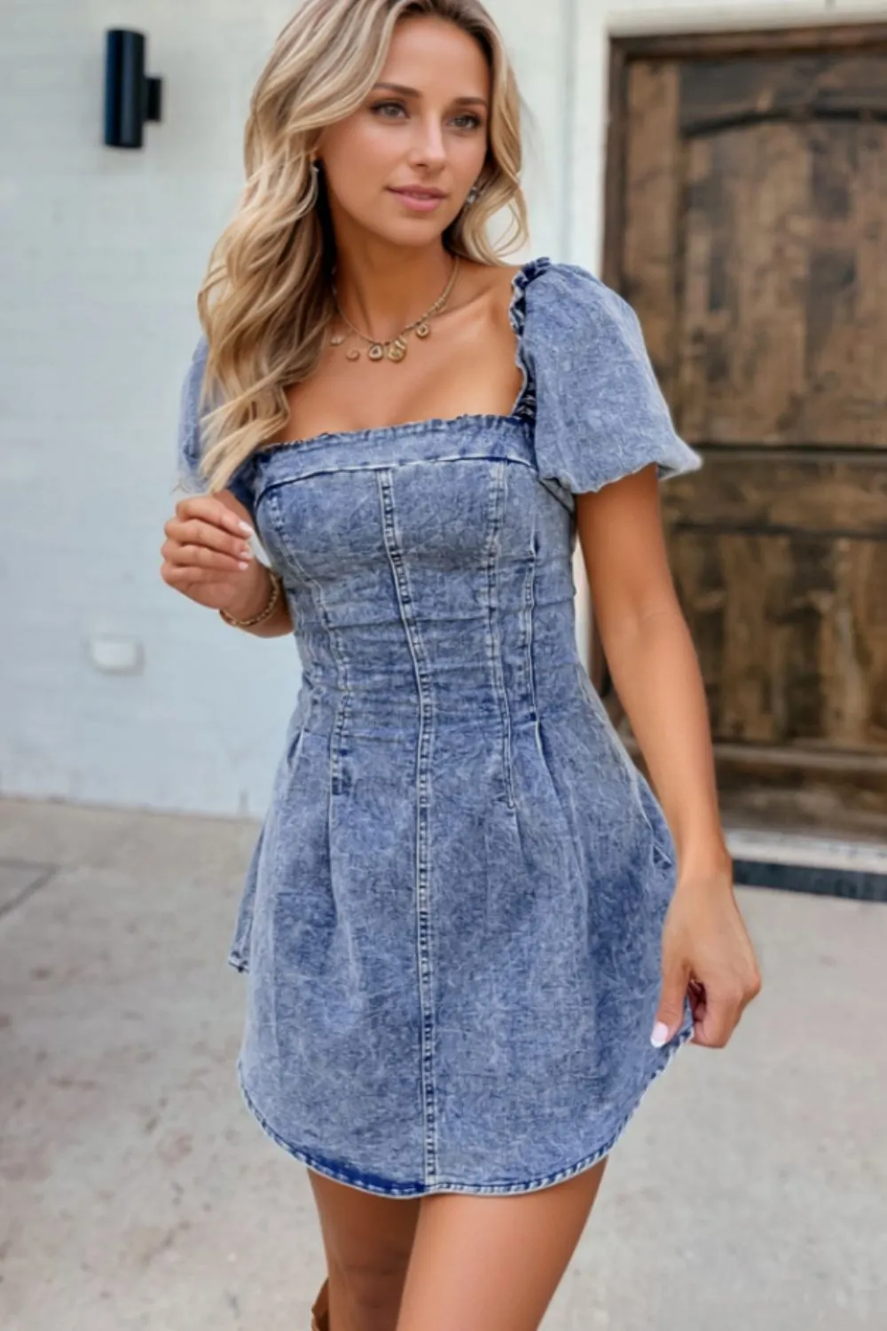 Tie Back Square Neck Puff Sleeve Denim Dress