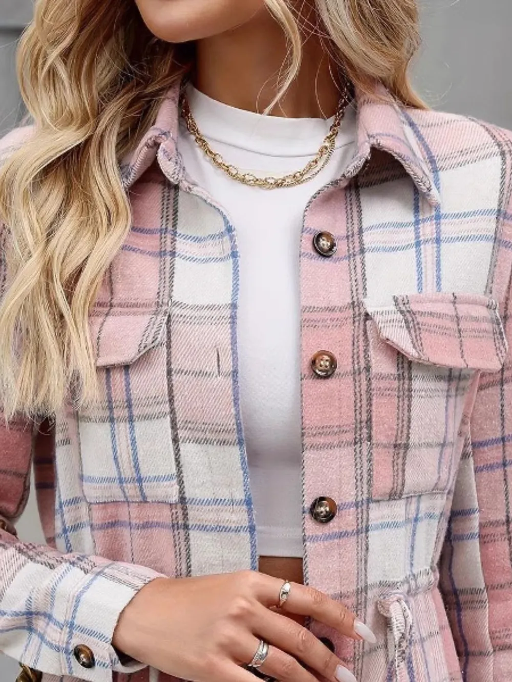 Drawstring Plaid Button Up Jacket with Chest Pockets, image 3