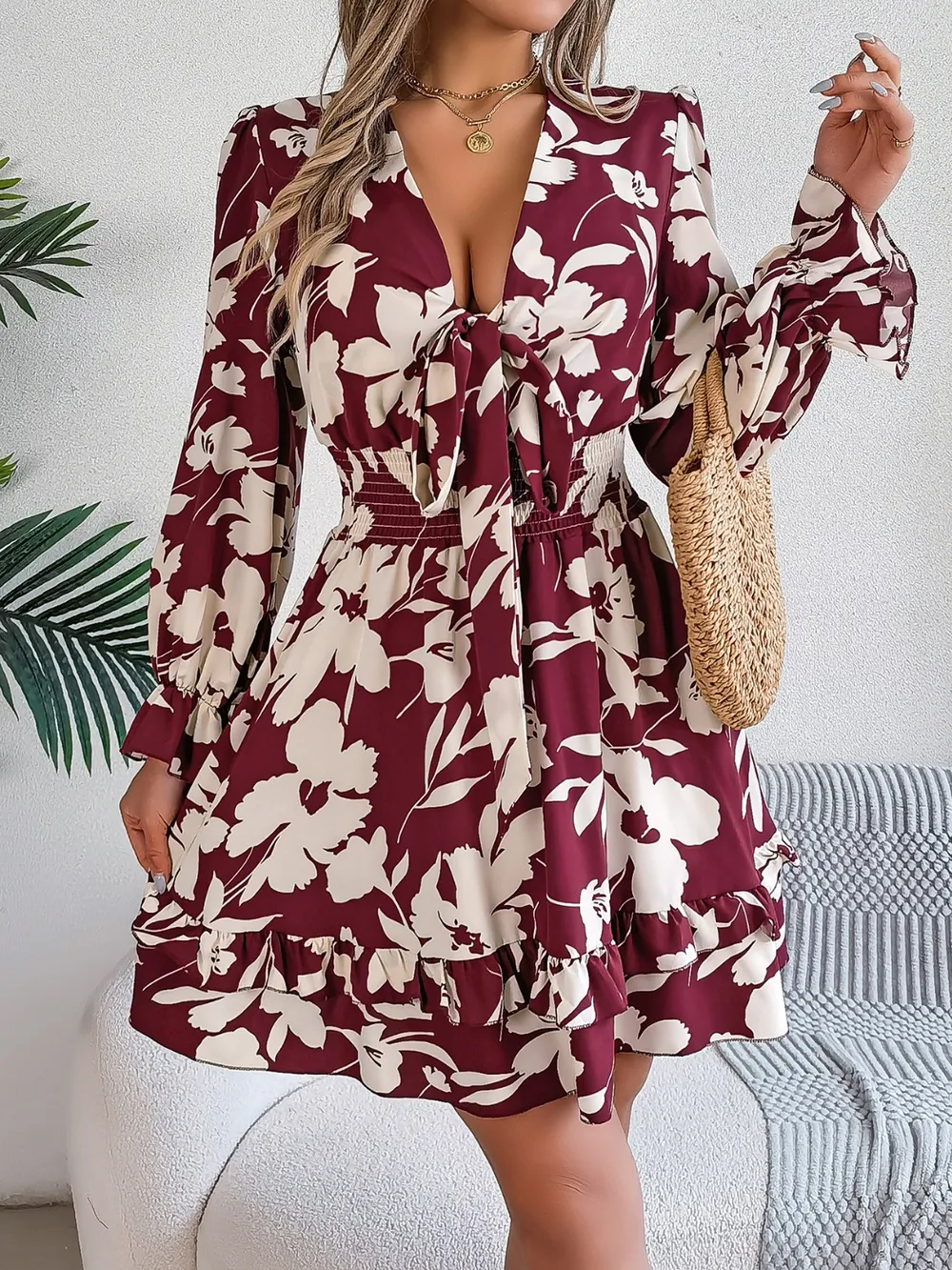 Tied Ruffled Printed Long Sleeve Dress, image 11
