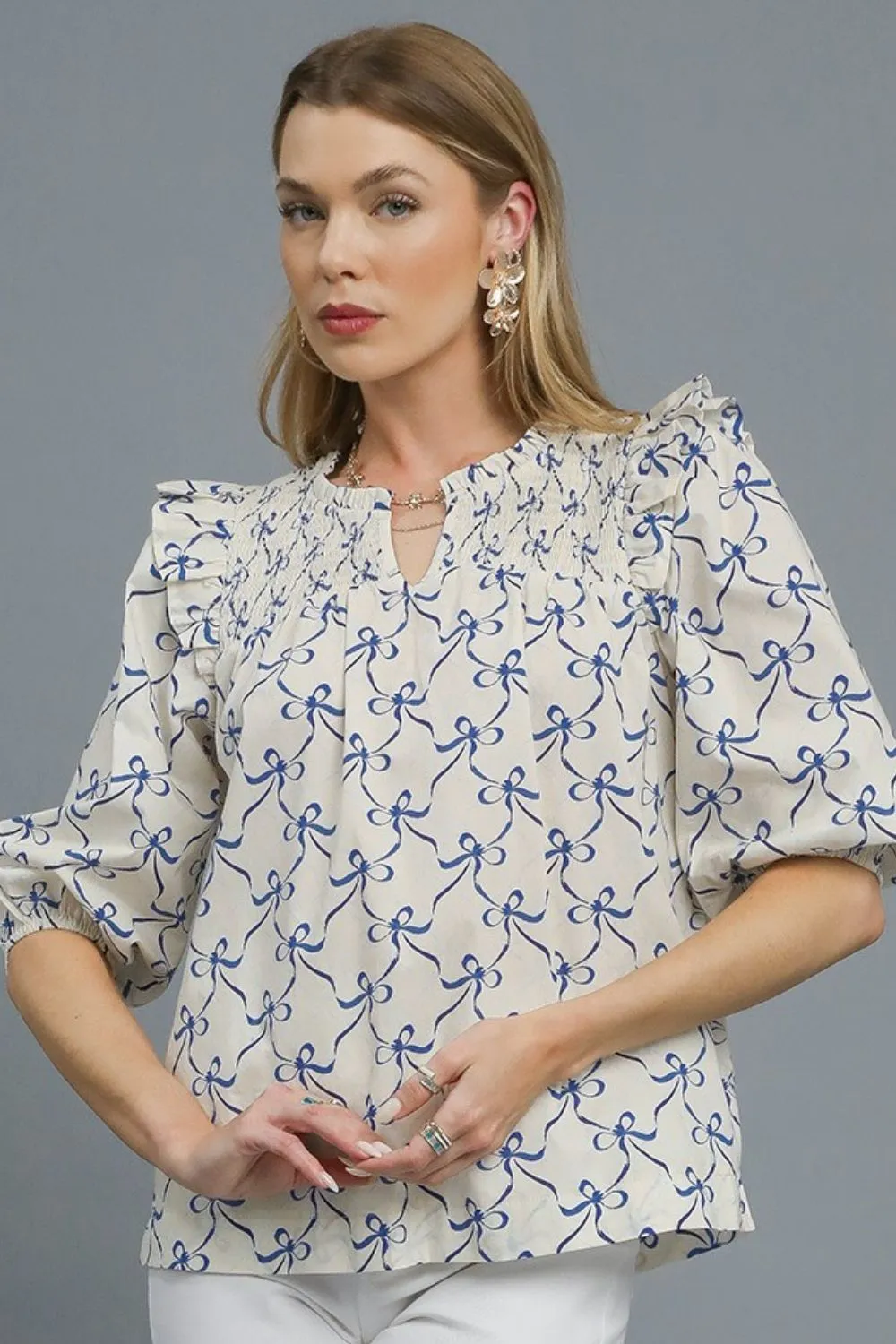 Ruffled Bow Print Notched Blouse