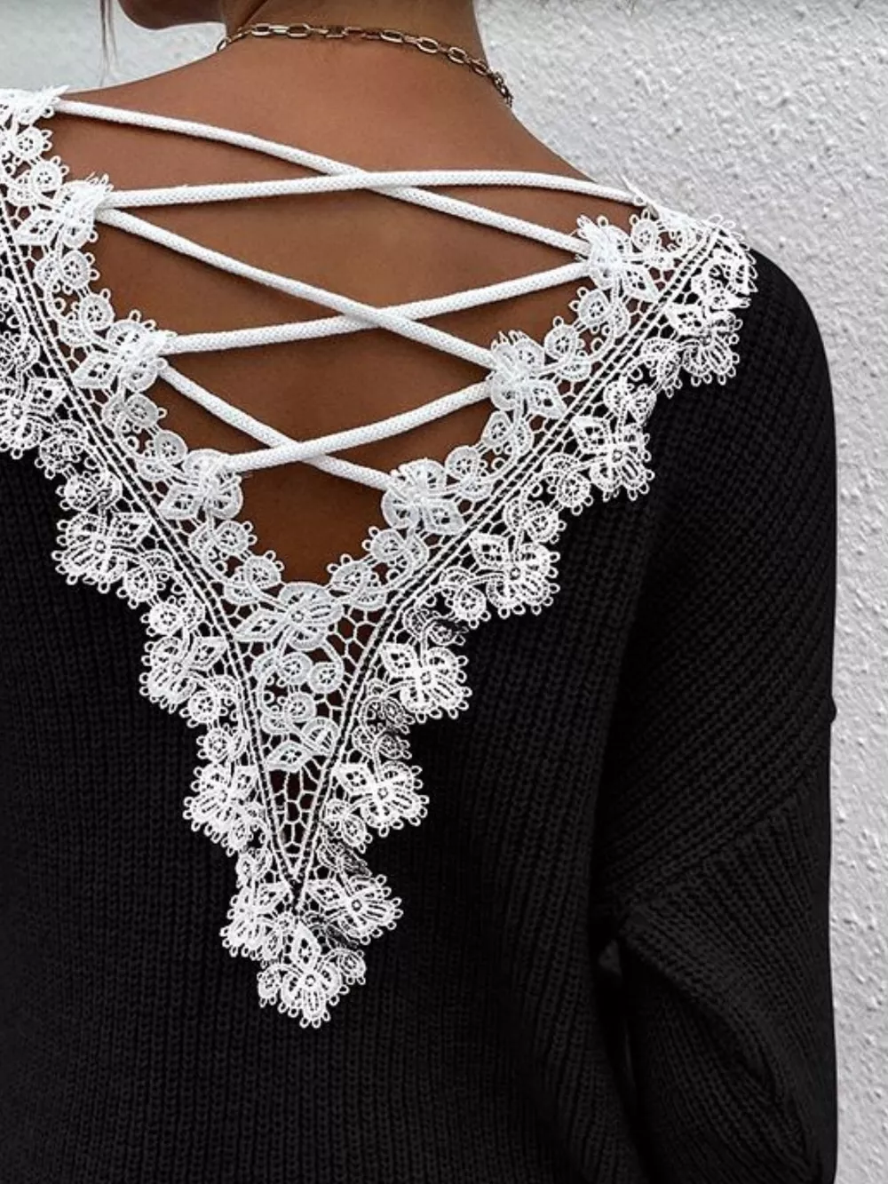 Lace-Trimmed Back V-Neck Sweater, image 10