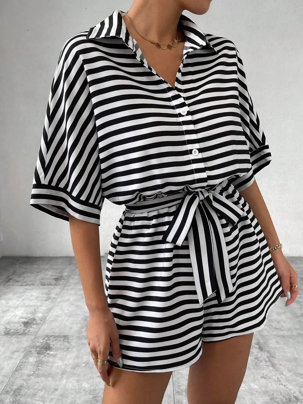 Tie Waist Half Button Striped Romper, image 21