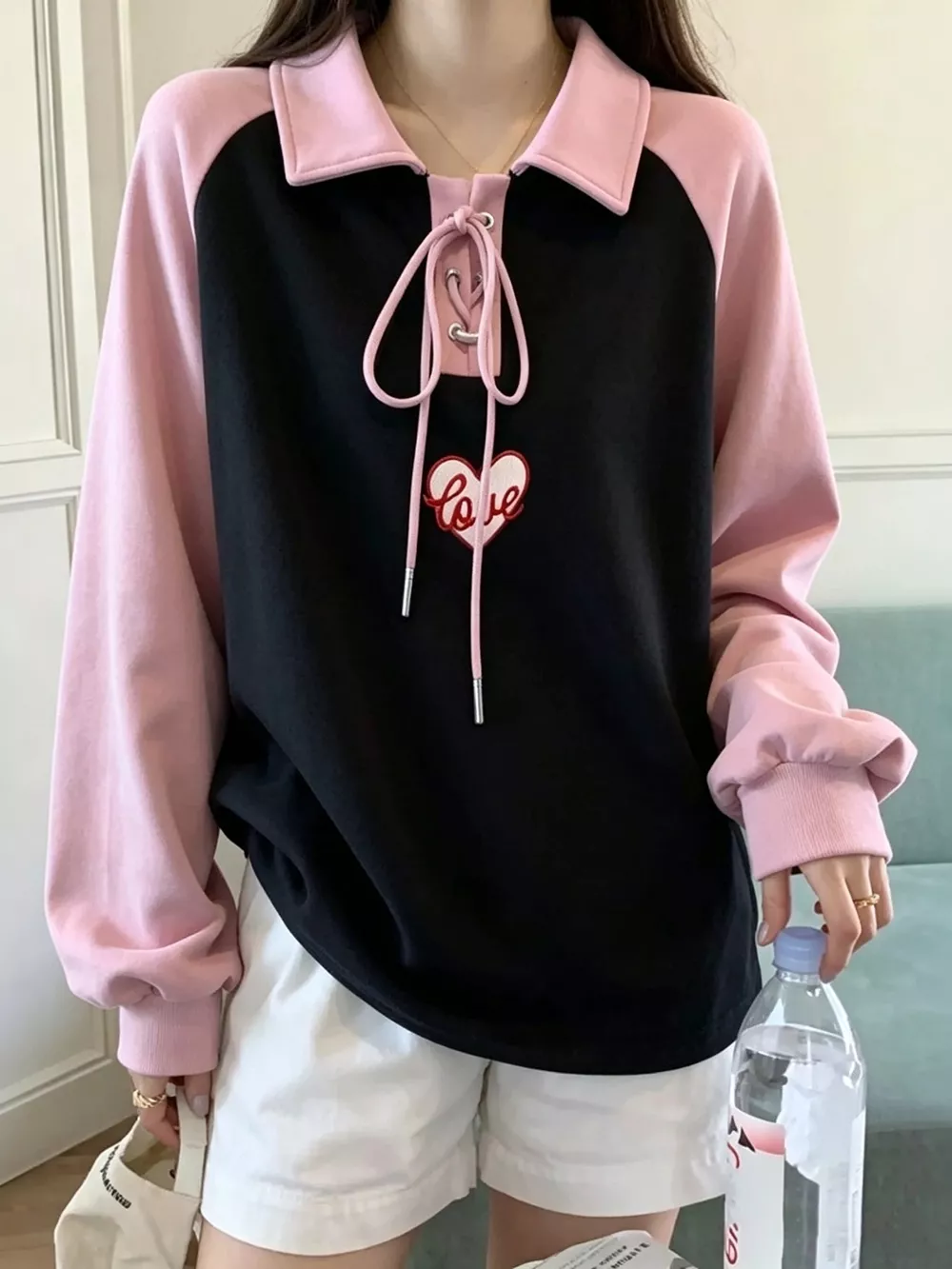 Heart Embroidery Lace-Up Detail Polo Collar Sweatshirt, image 2