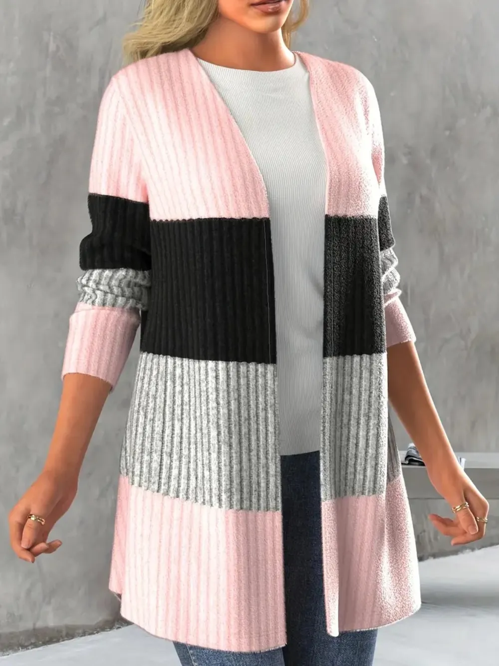 Color Block Open Front Long Sleeve Cardigan, image 6