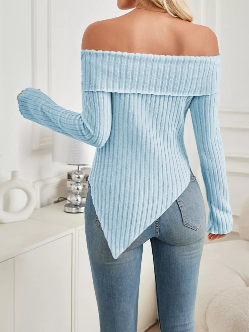 Off-Shoulder Ribbed Knit T-Shirt, image 16