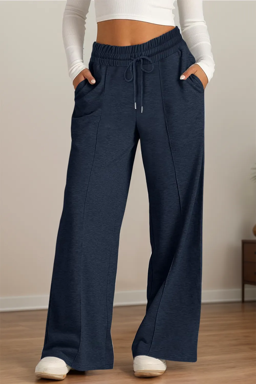 Drawstring Elastic Waist Wide Leg Pants, image 8
