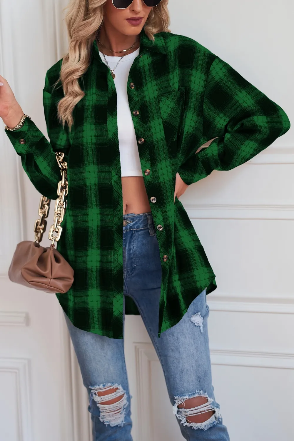 Plaid Button Up Dropped Shoulder Outerwear, image 15