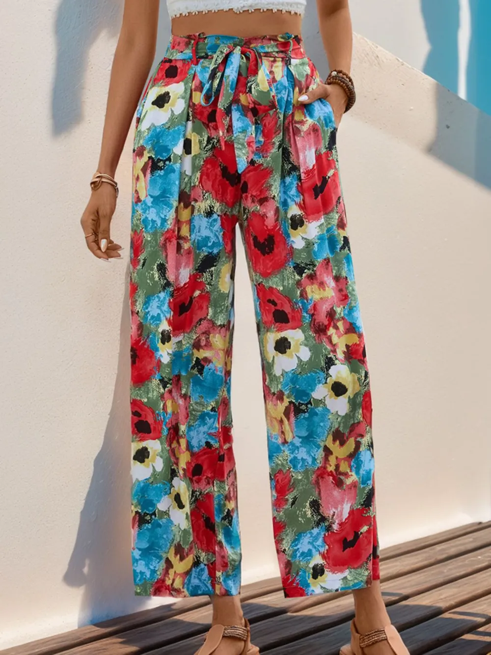 Tied Printed Wide Leg Pants, image 4