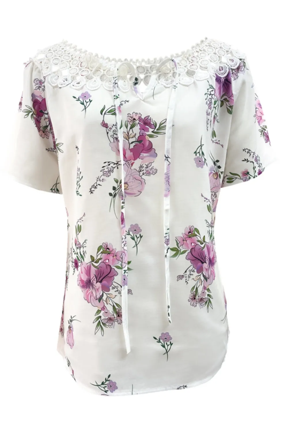 Full Size Printed Tie Neck Short Sleeve Blouse, image 4