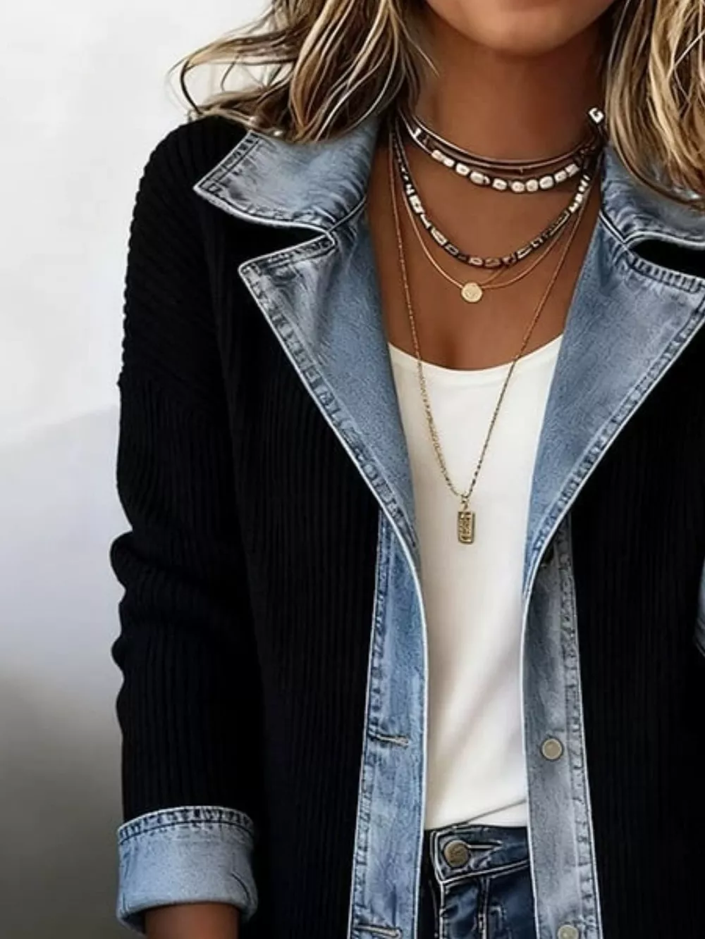 Full Size Denim Trim Ribbed Knit Jacket Plus Size, image 2
