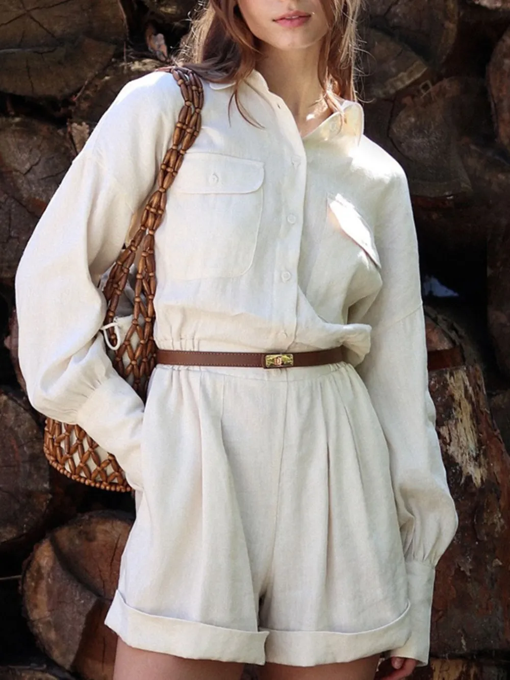 Casual Button Front Long Sleeve Romper, image 3