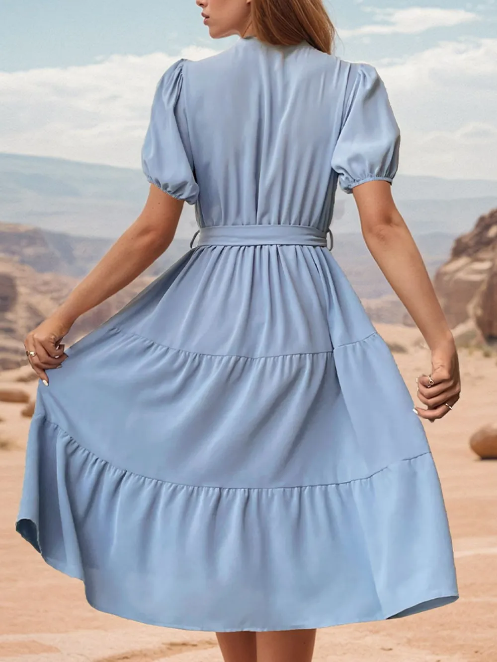 Tie Waist Puff Sleeve Midi Dress, image 3