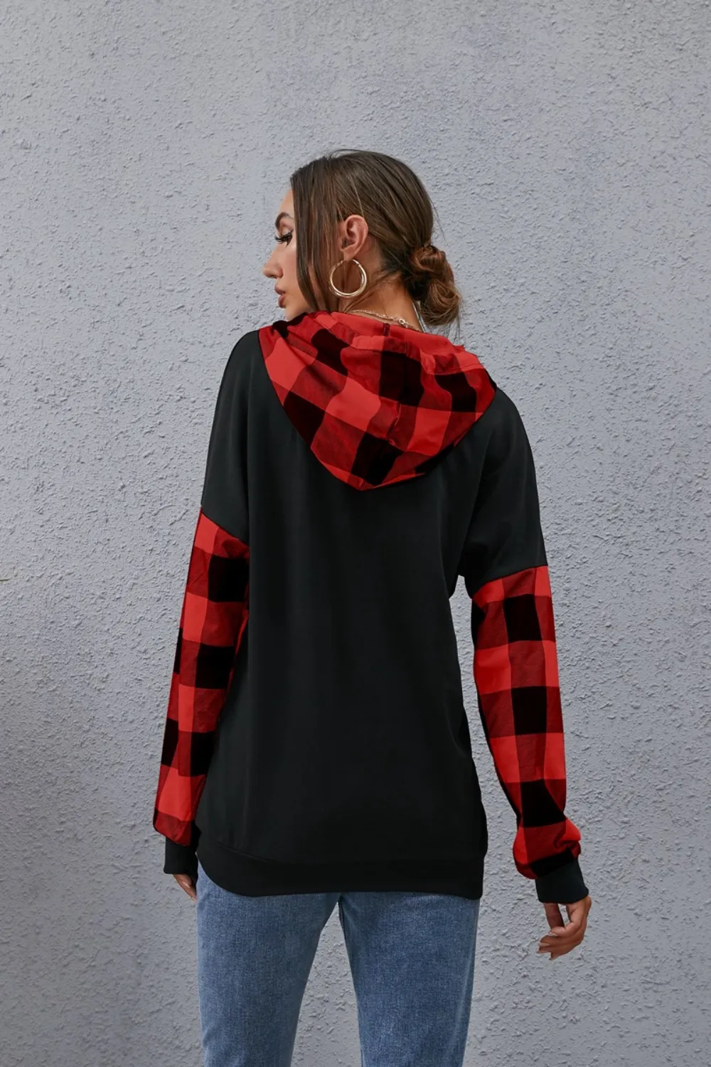 Plaid Drawstring Dropped Shoulder Hoodie, image 8