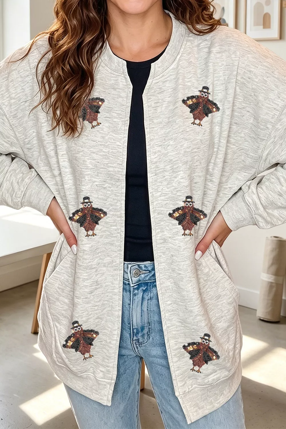 Sequin Turkey Graphic Casual Pocketed Open Front Sweatshirt, image 2