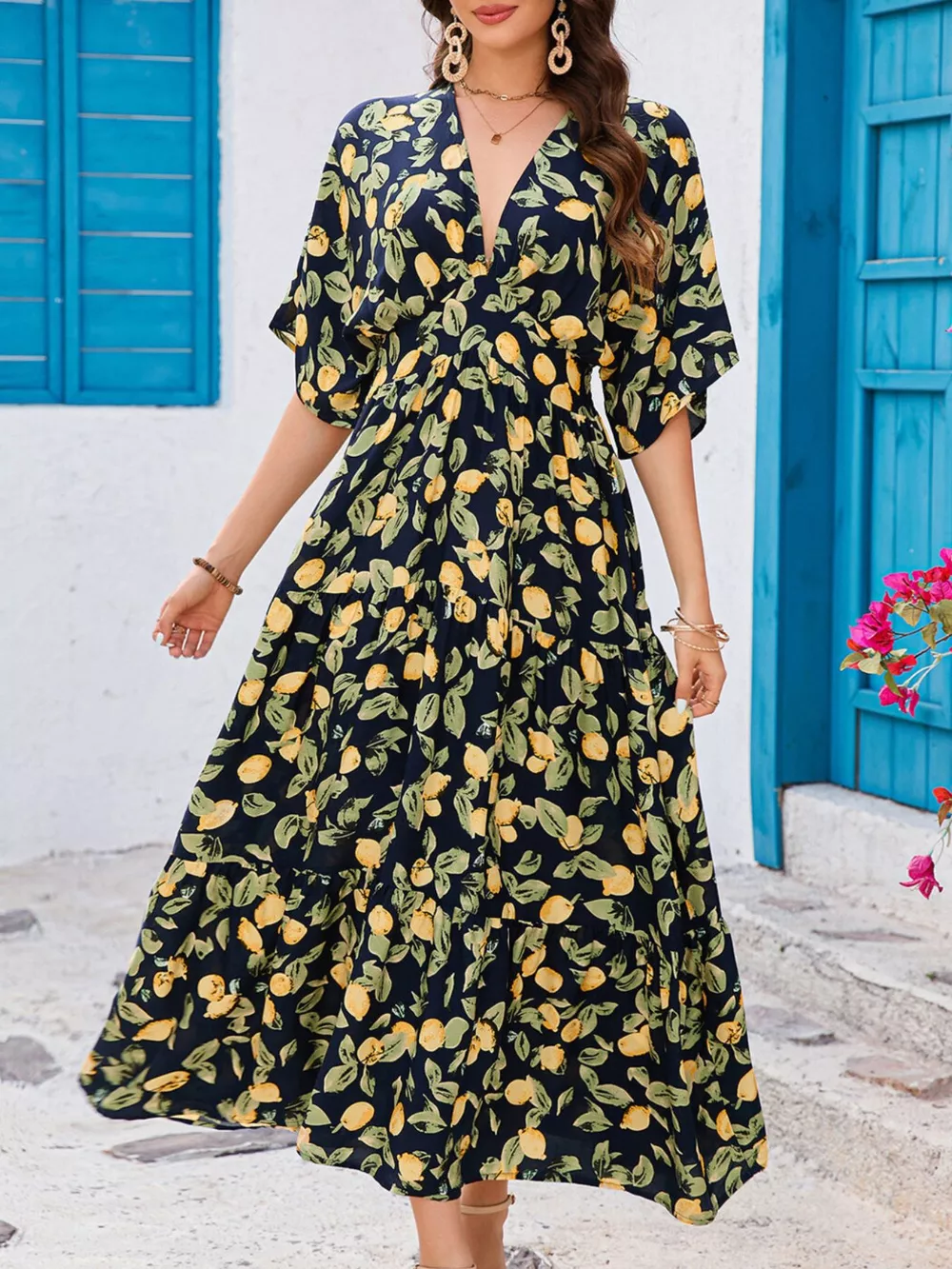 Printed V-Neck Ruffle Hem Flowy Midi Dress
