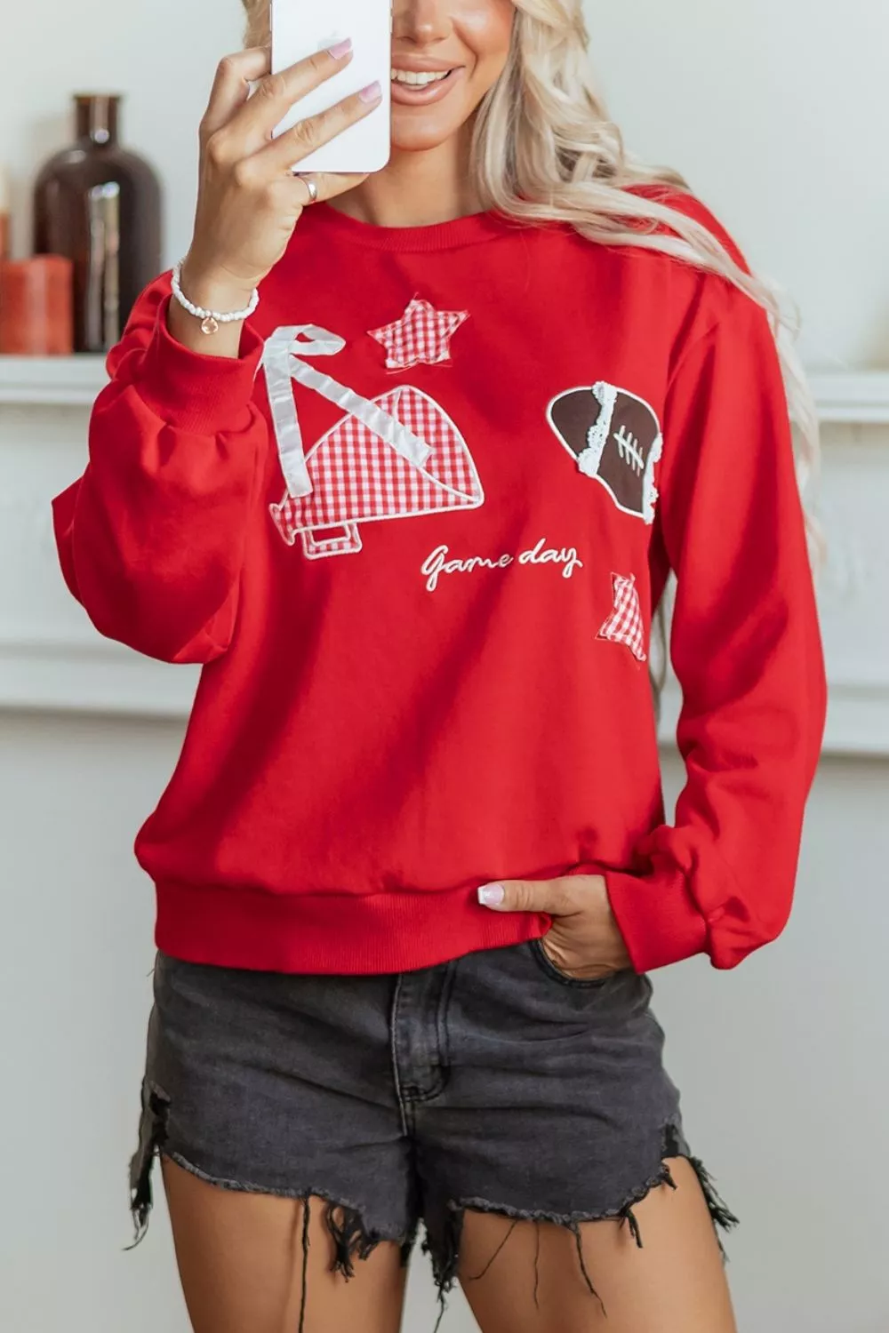 Gingham Patch Embroidered Rugby Game Day Stars Sweatshirt, image 4