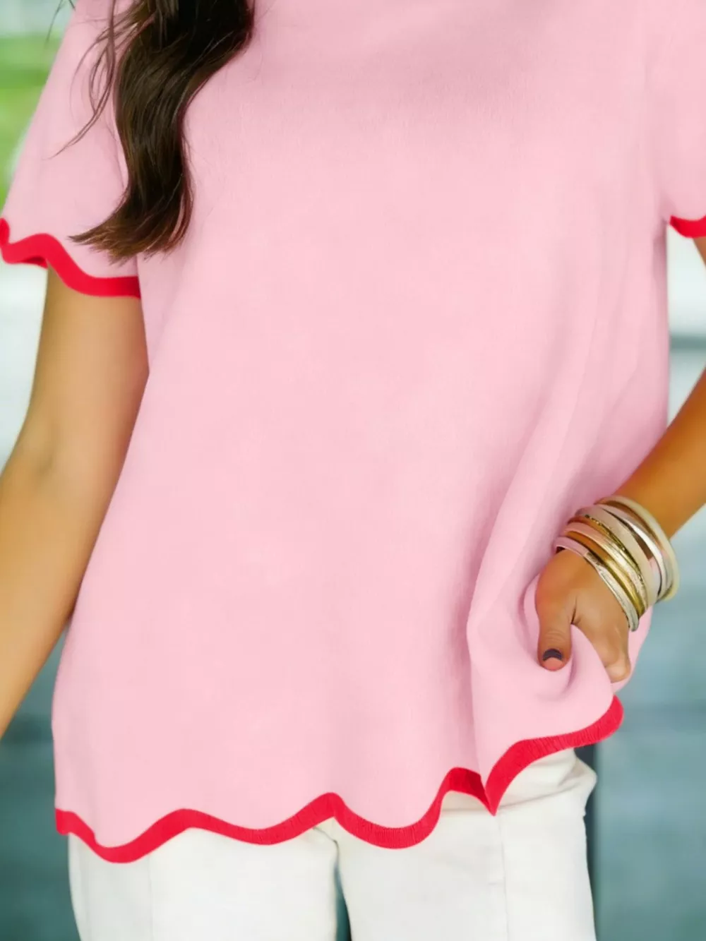 Stand Neck Contrast Wavy Trim Short Sleeve Sweater, image 3