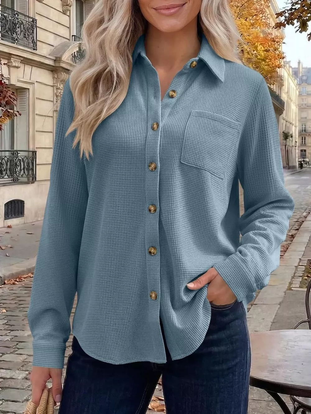 Waffle Knit Button-Down Long Sleeve Shirt, image 5