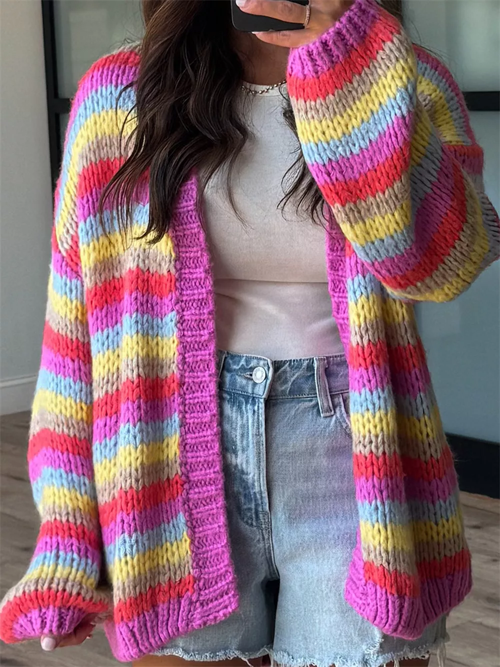 Multi-Color Striped Chunky Knit Open-Front Cardigan, image 4
