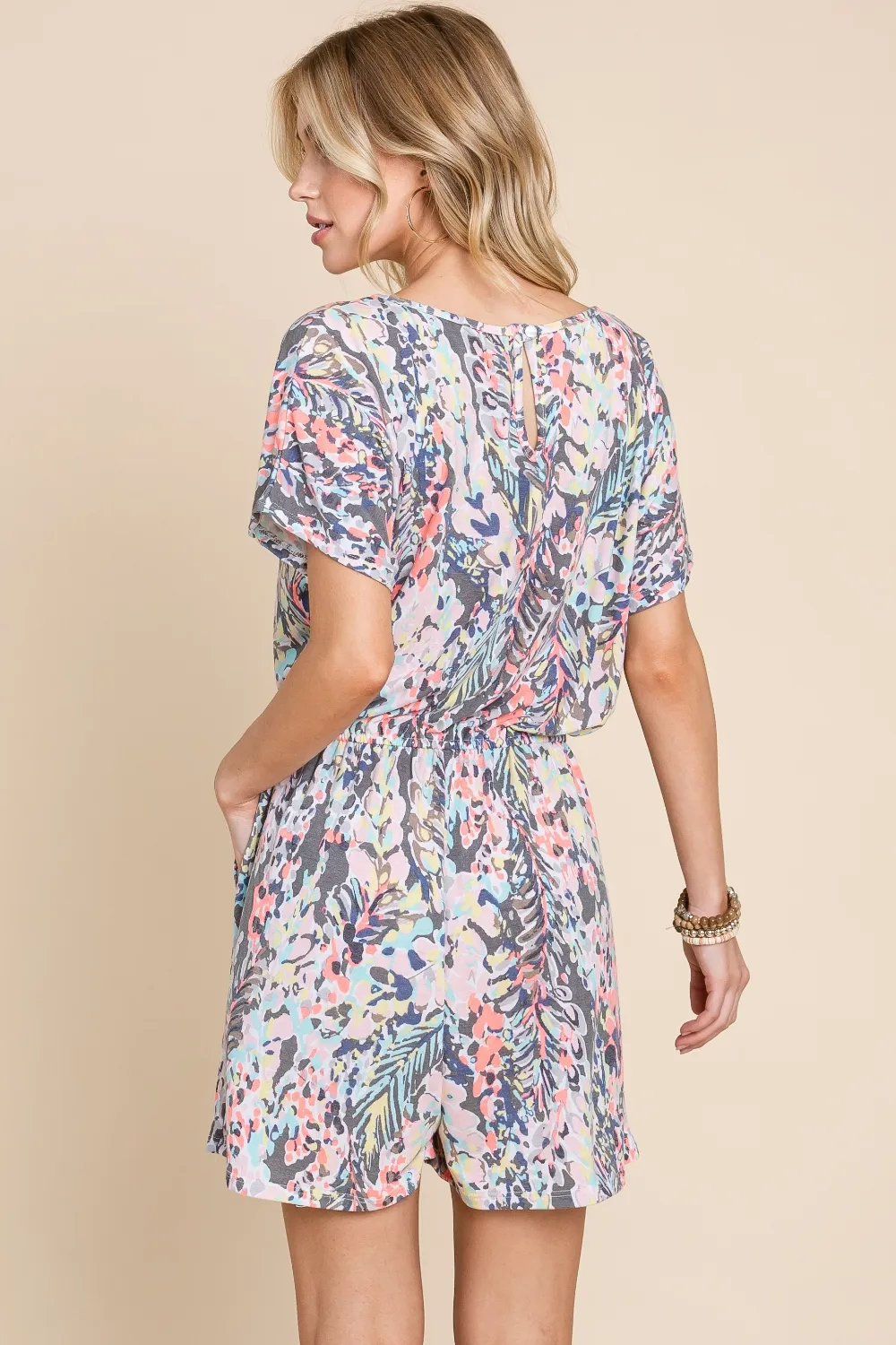 Printed Short Sleeve Drawstring Romper, image 2