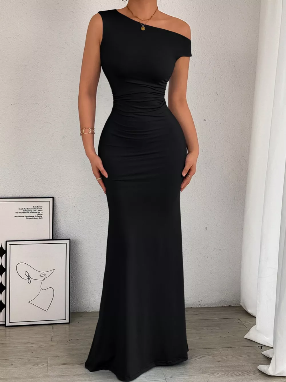 One-Shoulder Ruched Bodycon Maxi Dress, image 3
