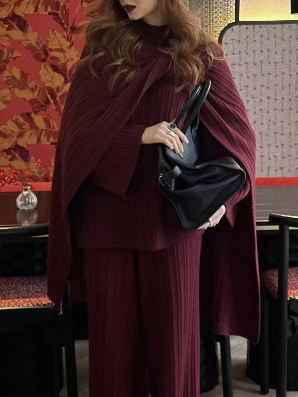 3-Piece Crew Neck Ribbed Sweater and Wide-Leg Pants Set with Scarf, image 18