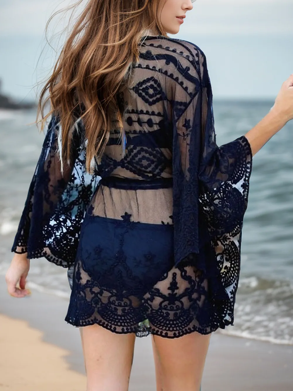 Lace V-Neck Three-Quarter Sleeve Cover Up, image 2