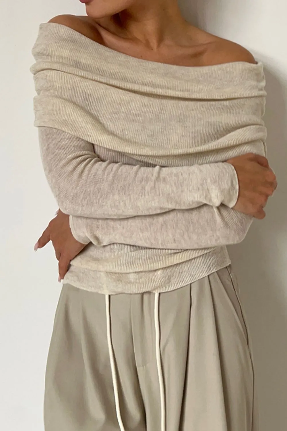 Off-Shoulder Long Sleeve Knit Top, image 12