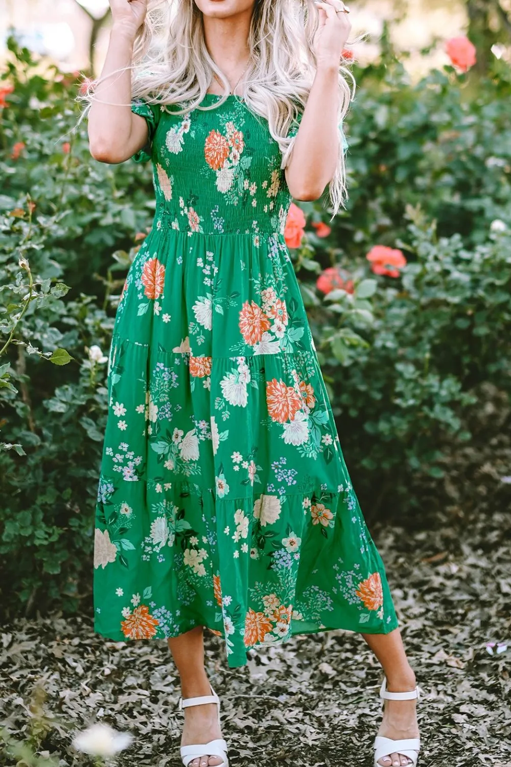 Floral Print Bubble Sleeve Smocked Tiered Midi Dress, image 10