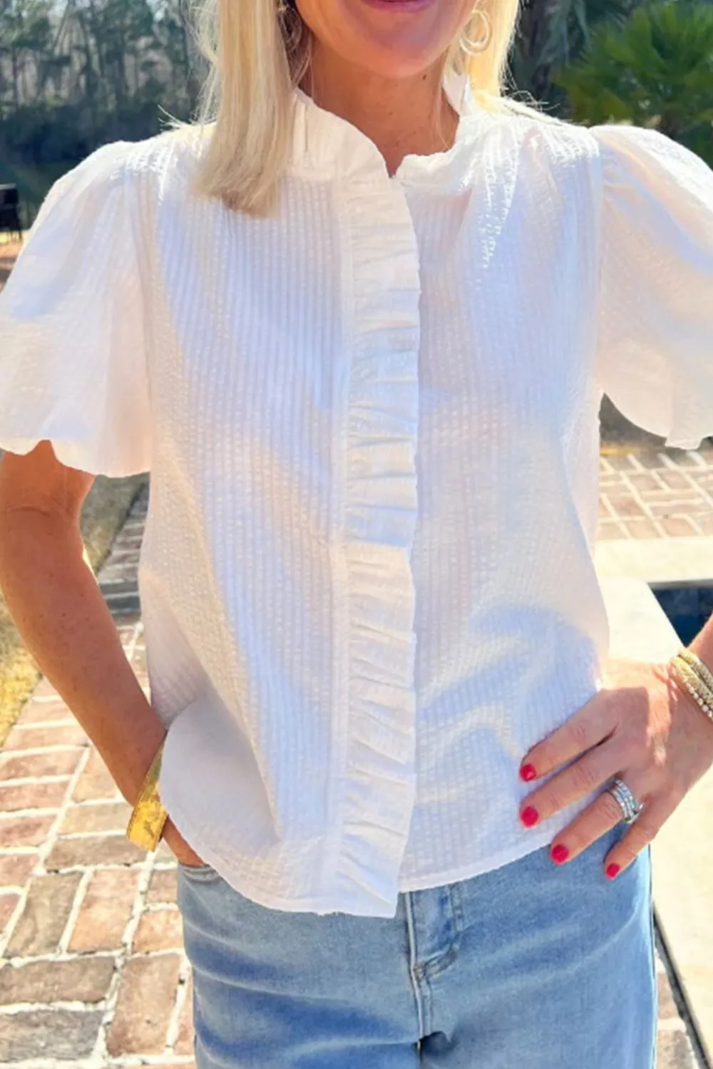 Striped Ruffle Short Bubble Sleeve Shirt, image 14