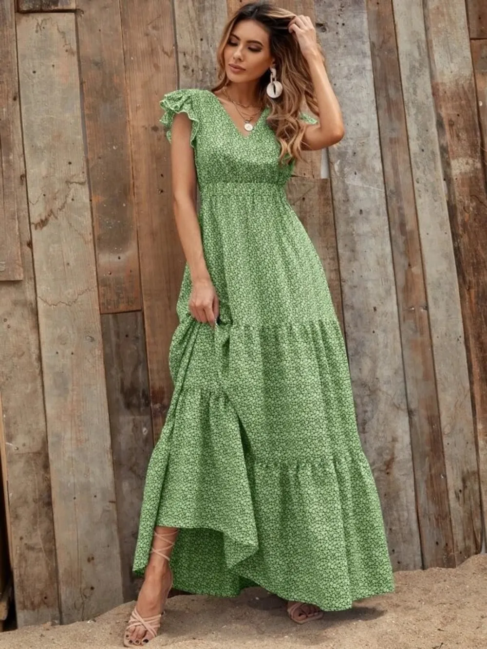 Printed V-Neck Ruffled Cap Sleeve Maxi Dress, image 18
