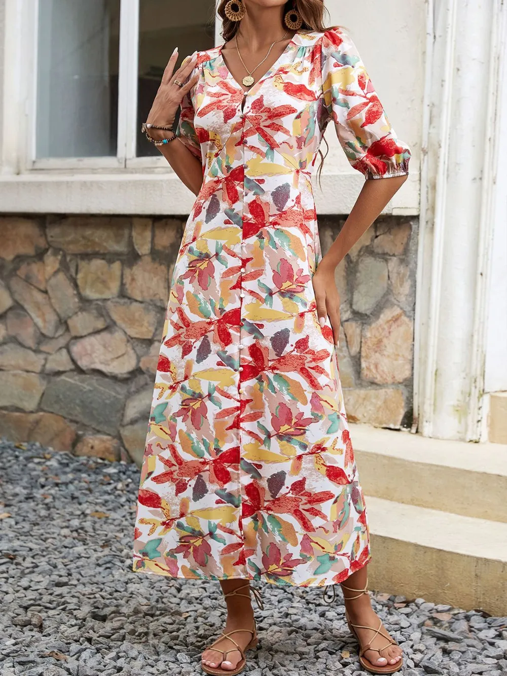 Printed V-Neck Half Sleeve Midi Dress, image 4